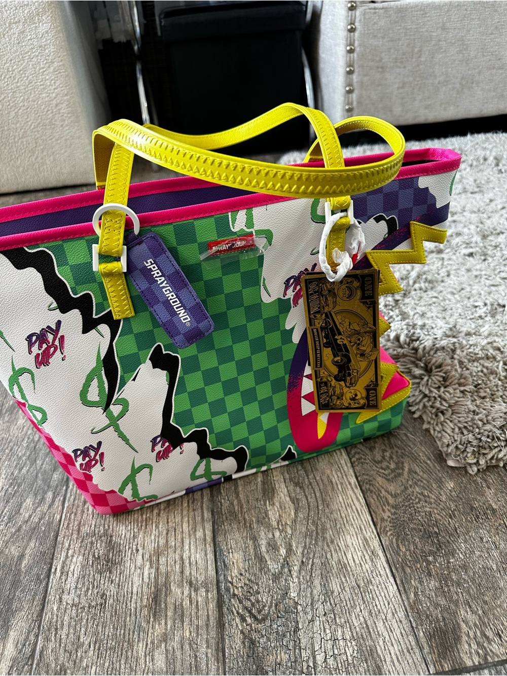 Sprayground Multicolor Graphic Tote with Neon Yellow Handles and Hot Pink Trim